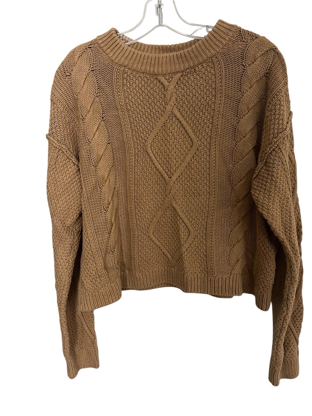 Quince 100% Organic Cotton Cable Knit Fisherman Sweater M Tan Brown Cropped - Picture 2 of 6